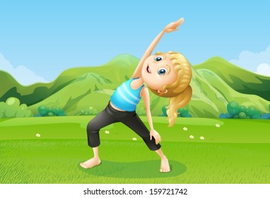 Illustration of a girl exercising barefoot at the field