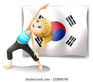 Illustration of a girl exercising in front of the South Korean flag on a white background