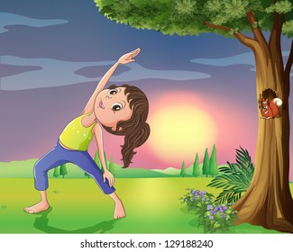 Illustration of a girl exercising near a tree with squirrel