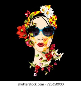 Illustration of girl face with flowers on it. Art work for tattoo, print, cover and other type of using. Hand drawn. Vector - stock.