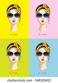 Illustration of girl face. Four different backgrounds.