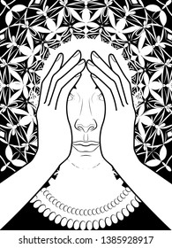 illustration of a girl with a fantastic hairstyle, represents the image of the goddess, a mystical creature