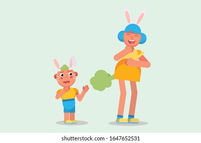 An illustration of a girl farted at the boy behind her and laughed A vector of Easter character, this illustration can use as a sticker also.