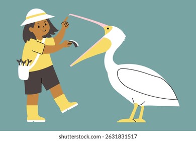 an illustration of a girl feeding cute friendly pelican.