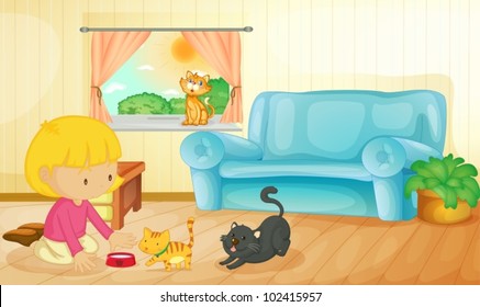 Illustration of a girl feeding her kittens