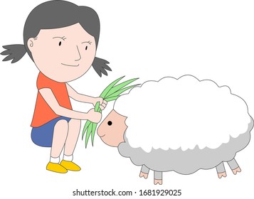 Illustration of a girl feeding a white sheep.