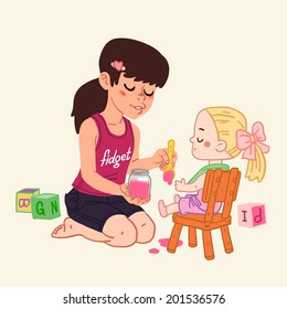 Illustration of girl feeds doll