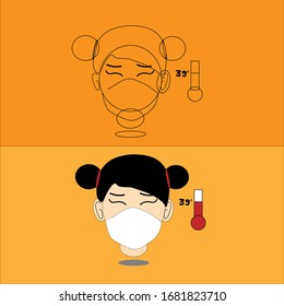 
Illustration of a girl with a fever that is above average for Corona Virus or Covid-19. For Wuhan and Worldwide