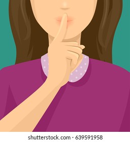 Illustration of a Girl with Finger on her Pursed Lips as a Gesture for Silence