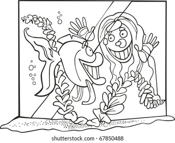 illustration of girl and fish in tank for coloring book