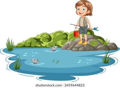 Illustration of a girl fishing on a sunny day