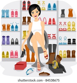 Illustration Of A Girl Fitting Shoes In Her Shoe Closet Or A Shoe Store