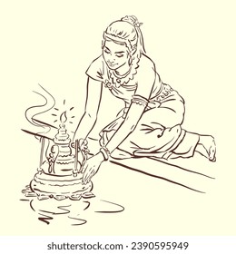 Illustration of a girl floating a aKrathong vector for card, decoration, illustration