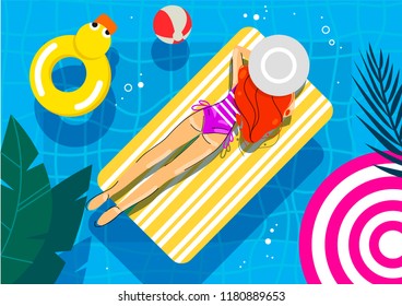 illustration of a girl floating in the pool on an inflatable mattress