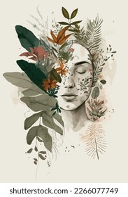 ilustración de una chica con flor y hojas en su cabeza. estampado de camisetas. vector aislado