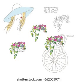 Illustration with girl, flowers and bicycle
