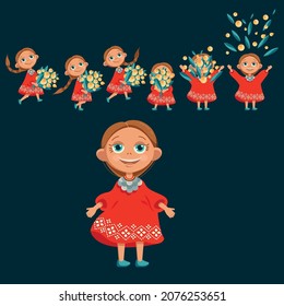 Сolor illustration of a girl with flowers. Character idea for a website, postcard, presentation.