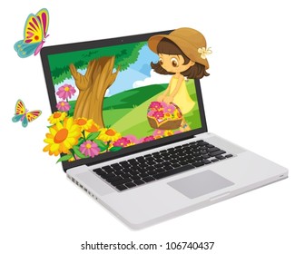 illustration of a girl and flowers out of notebook