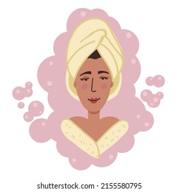 Illustration of a girl in a fluffy bathrobe and a towel on her head. Background of foam and soap bubbles. Simple cute style. Universal use.