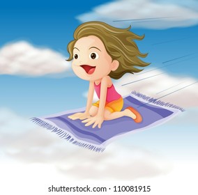 illustration of a girl flying on mat in the sky