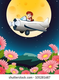 illustration of a girl flying plane in dark sky