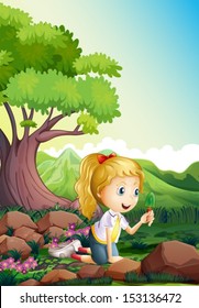 Illustration of a girl at the forest holding a shovel