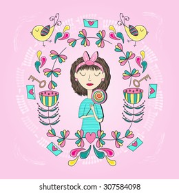 Illustration of a girl in a frame of flowers. Illustration with birds , envelopes , and thoughtful girl .