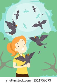 Illustration of a Girl Freeing a Bird Flying Up, as Part of Animal Rescue