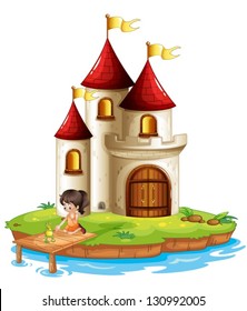 Illustration of a girl and a frog at the bridge in front of a big castle on a white background