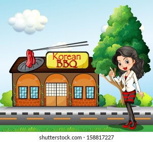 Illustration of a girl in front of the Korean BBQ store