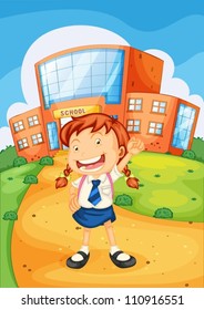 illustration of a girl in front of school