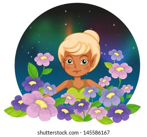 Illustration of a girl at the garden with fresh flowers on a white background