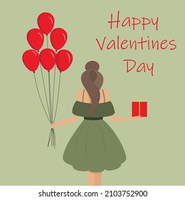 Illustration of a girl with a gift and balloons. Card for valentines day.