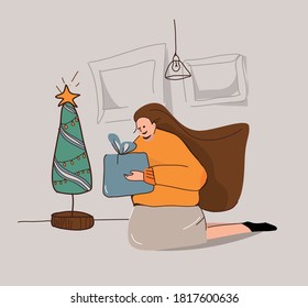 Illustration of a girl with a gift in the room. Give, accept gifts, joy, celebration. Vector.