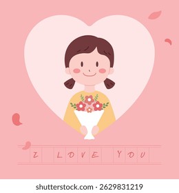 Illustration of a girl giving a bouquet of flowers with gratitude and love
