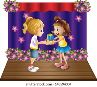 Illustration of a girl giving gifts to her friend on a white background
