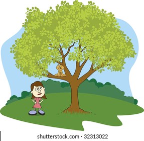 Illustration of a girl glaring at her cat stuck in a tree.