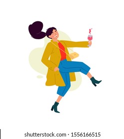 Illustration of a girl with a glass of wine. Vector. A woman celebrates a holiday, drinks wine and dances. Rest and party. Fun all night. A little bit drunk lady, without complexes. Flat style.