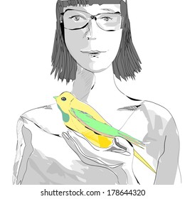 Illustration of a girl  in glasses carefully holding a bird