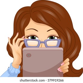 Ilustración de una chica con anteojos mirando desde atrás de su tablet