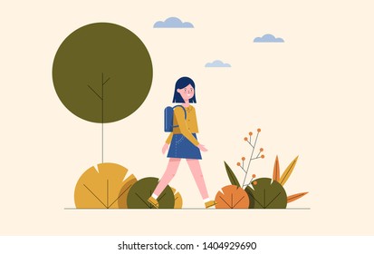 Illustration of a girl going to school. Vector design.