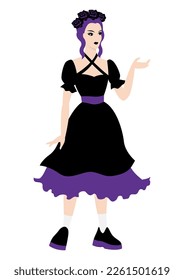 Ilustración de una chica de estilo gótico. Vestido oscuro. Imagen para fiestas y fiestas.