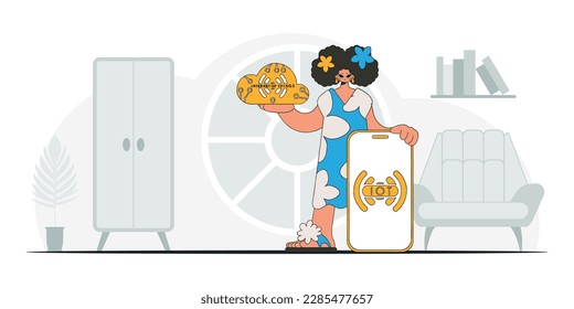 Illustration of a girl grasping a cloud storage device, depicted in a modern vector style.