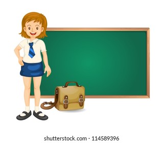 illustration of a girl and green board on white background