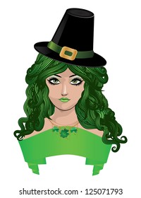 Illustration of girl with green hair and black hat, leprechaun girl.