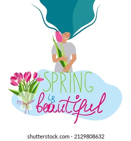 Illustration of a Girl with the green hair holding flower on white bg