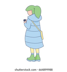 Illustration of the girl with green hair, wearing blue coat, green boots, and yellow pants with mobile phone in her hands.