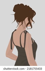 Ilustración de una chica con un vestido verde. Imagen plana vectorial de una mujer de cabello marrón con un vestido ligero de verano. Señora sentada en su espalda. Diseño para postales, avatares, carteles, fondos, plantillas,