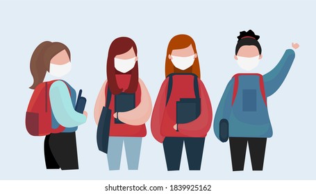 Illustration Of A Girl Group Going To Campus Wearing Masks