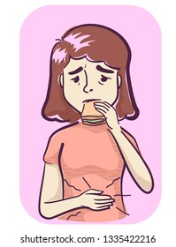 Illustration of a Girl with Growling Stomach and Eating a Sandwich. Increased Hunger